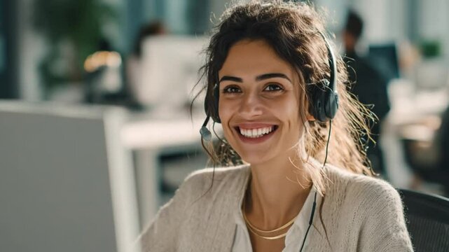 Radiant Receptionist: A smiling woman wearing a headset, exuding positivity while assisting clients at a modern office, creating an image of helpfulness.