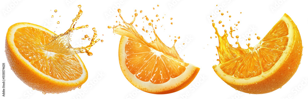 Poster png three orange slices with splashing juice effect element set on transparent background.