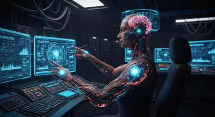 Cybernetic Human Interacting with Holographic Technology in a High-Tech Control Room