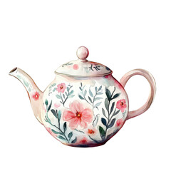 floral teapot vector, watercolor illustration on transparent background