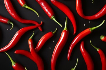 Fresh red jalapeno peppers in a row on black surface