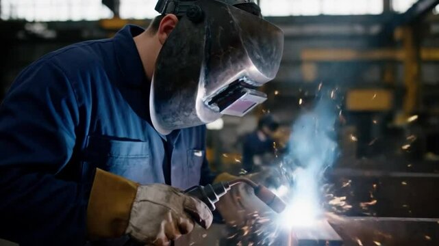 When welding, a man with a welding mask covering his face, is positioned with a welding machine at the welding point. When he activates it, orange light, yellow with smoke, orange sparks, red lights u