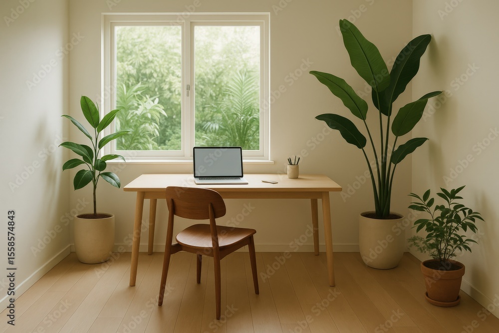 Aufkleber work life balance productivity routine concept. cozy workspace with plants and a computer by the win
