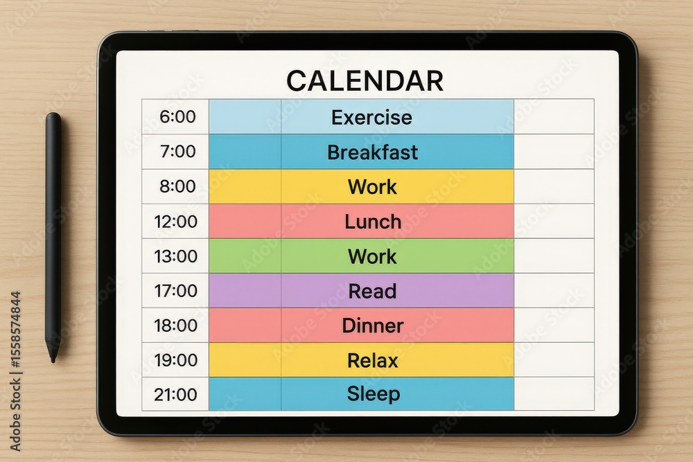 Poster work life balance productivity routine concept. digital calendar schedule displayed on a tablet with