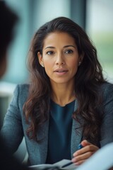 A professional female business executive discussing strategy and progress during an office meeting.