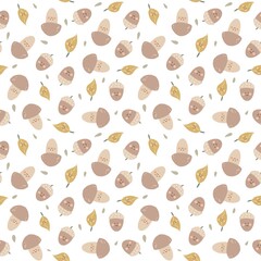 Obraz premium Smiling Acorns, Mushrooms and Leaves Seamless Pattern – Cute Autumn Forest Design for Kids