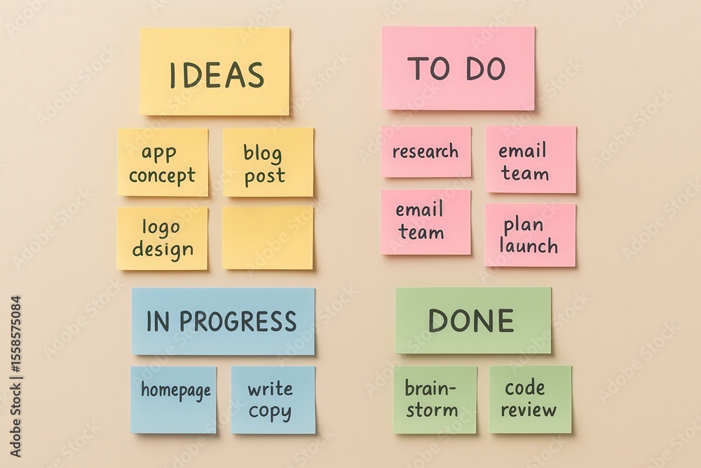 Poster work life balance productivity routine concept. colorful sticky notes organized by project status an