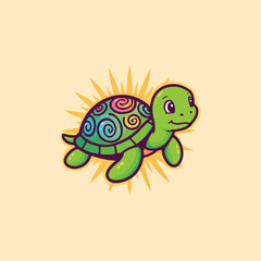 Obraz premium Cute Turtle Illustration: A charming illustration of a friendly green turtle with a colorful shell, radiating joy and whimsy, perfect for adding a touch of playful delight to any design.