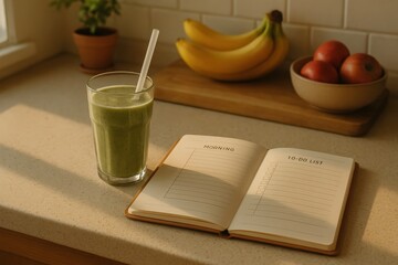Work life balance productivity routine concept. Fresh smoothie with a notebook and fruits on a kitchen counter.