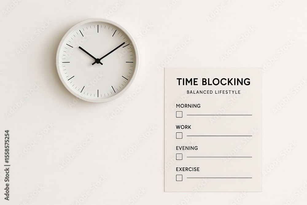 Poster work life balance productivity routine concept. wall clock with time blocking chart for balanced lif