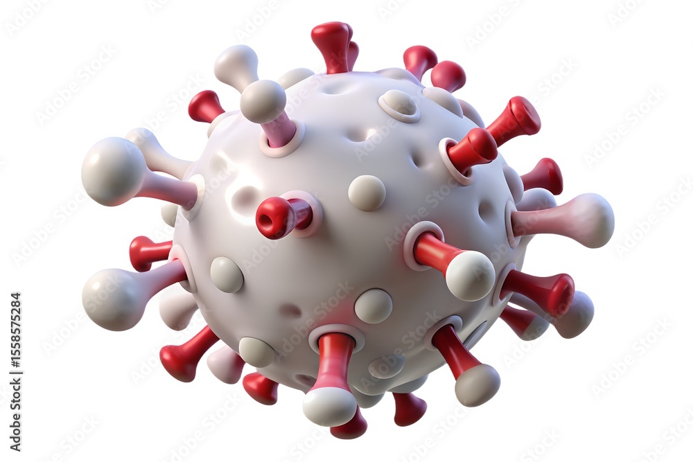 Poster stylized 3d rendering of a coronavirus particle with red spikes