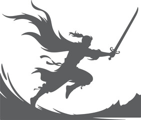 Fototapeta premium Gray Silhouette of a Warrior Leaping Forward with Sword in Hand Against a White Background with Gray Abstract Background Elements