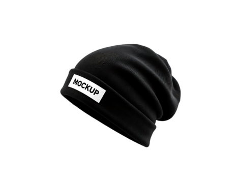 Black ribbed knit beanie with white mockup label on black background image