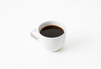 A pristine white ceramic cup filled with dark coffee sits on a bright, minimalist background, overhead, porcelain