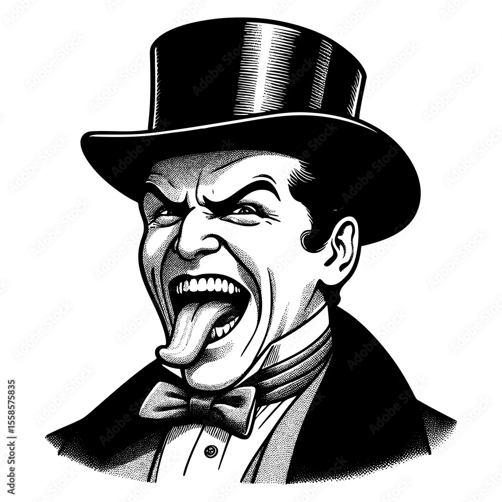 Poster man in a top hat and bow tie making a silly face with tongue out sketch engraving generative ai fict