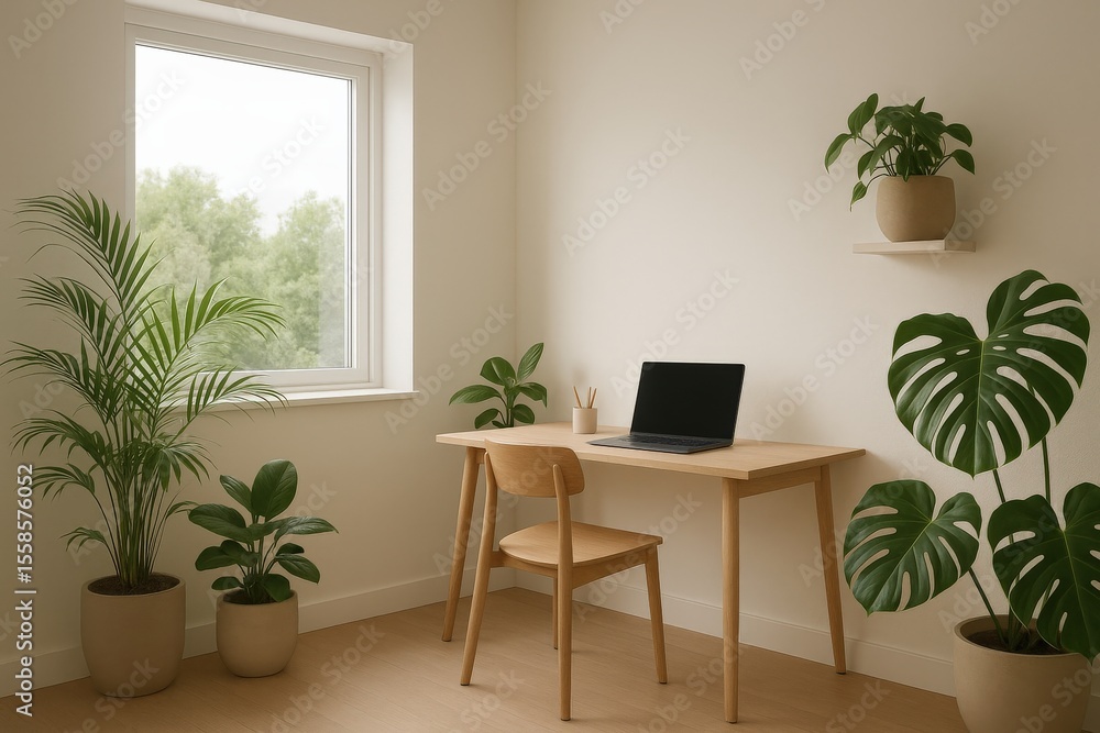Poster work life balance productivity routine concept. cozy workspace with plants and a window view.