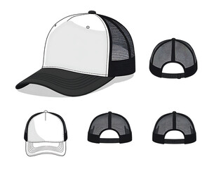 Six views of a white and black trucker hat with mesh back image