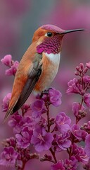 Fototapeta premium Hummingbird flying and feeding on a flower in a natural garden setting