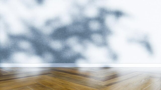 Natural light patterns changing on a white wall with parquet floor