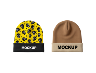 Two knitted beanies one with skull pattern and one plain tan mockup