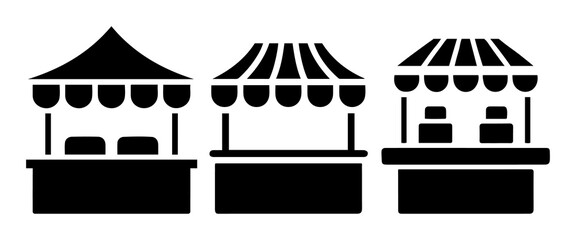Market Stall Icons Set. Market Outdoor Vector Silhouettes