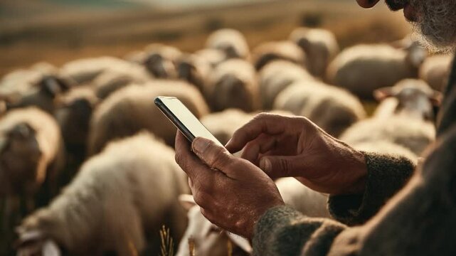 Shepherd and Sheep with Modern Tech: In golden hour's embrace, an elderly shepherd tending his flock, uses a modern mobile phone connecting tradition and technology.