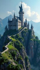 Majestic Mountaintop Fortress An Ancient Stone Stronghold overlooking a Vast Kingdom. Ideal for Fantasy, Medieval, Historical, and Royalty Concepts.