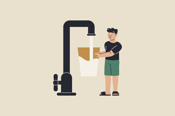 Man Filling Glass of Water from Tap Illustration