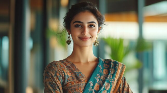 Bollywood actress with traditional saree, smiling at camera, professional setting