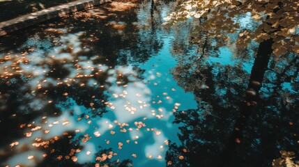 Autumnal Reflections: Golden Leaves Floating on Tranquil Water Surface with Sky Reflection
