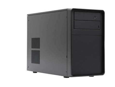 Black desktop computer tower isolated on transparent background