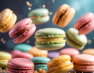Colorful macarons in mid-air