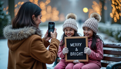 Asian mother photographing her twin daughters for Christmas with "Merry & Bright" sign in winter setting