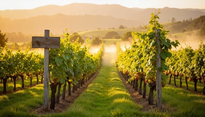 Fototapeta premium Endless rows of grapevines with ripe clusters bathed in sunset rays in a picturesque vineyard