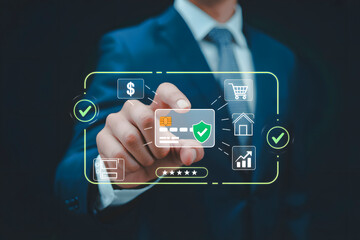Man in blue suit interacts with digital interface showing credit card and financial icons