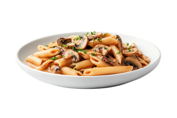 Creamy Mushroom Penne Pasta Dish in White Bowl Isolated on a transparent background mushrooms sauce