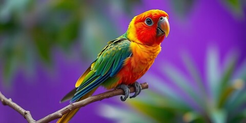 A tiny parrot playfully perched on a branch, vibrant purple backdrop,  nature,  magenta