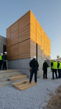 Facade of modern concrete building being covered with wooden planks for elegant design