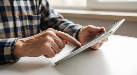 Close-up of a senior man's hands using a modern tablet computer