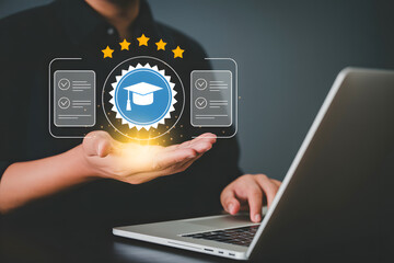 Person holding glowing digital graduation cap certificate and checklist with stars