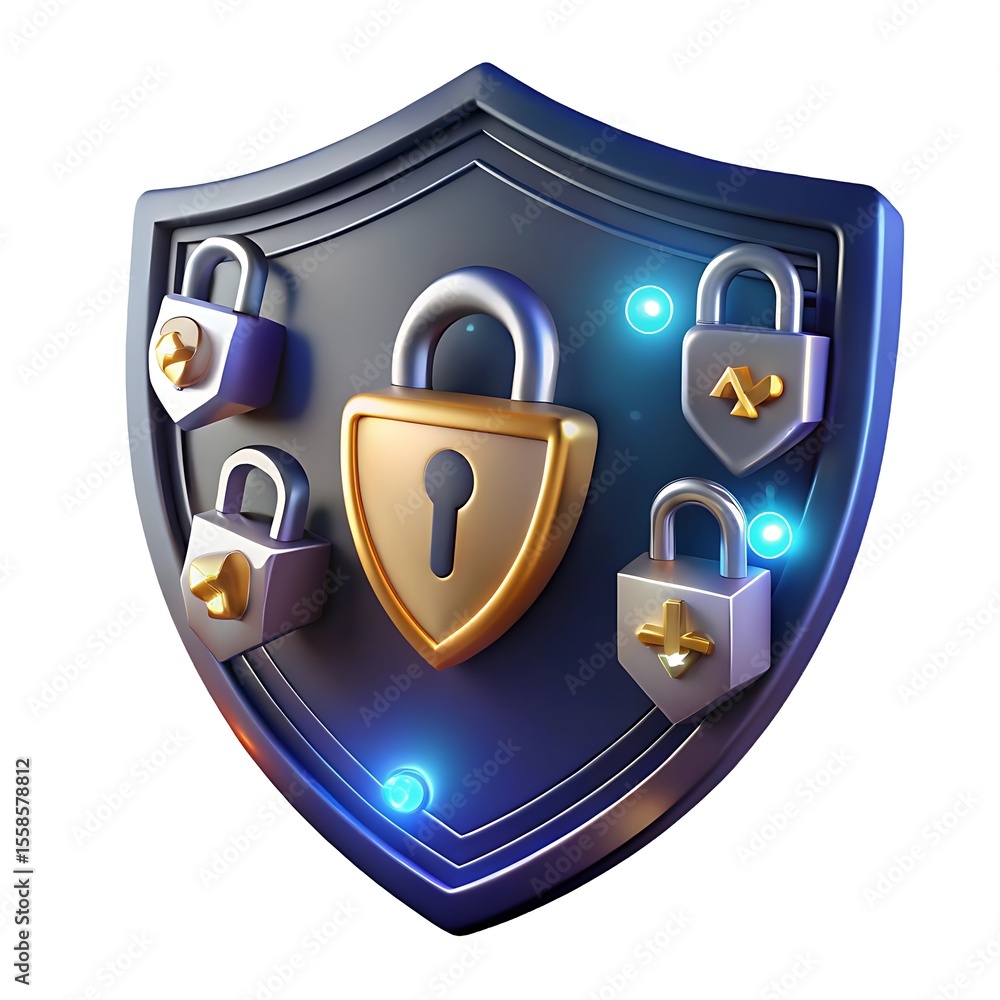 Aufkleber digital security shield with multiple locks and blue lights isolated on white background