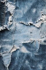 Blue denim material showing frayed edges, worn out spots, and uneven texture.