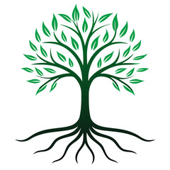 A green tree with roots landscape vector icon on white background.
