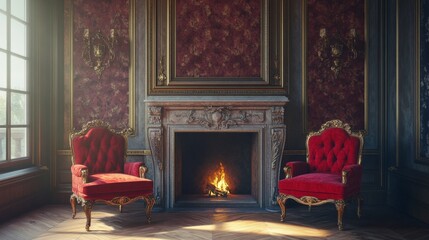 Fancy sitting area with red armchairs and an ornate fireplace in a luxurious setting