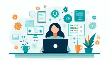 Fototapeta premium Woman working diligently on her laptop, surrounded by technology icons and data visualizations. This is a vector illustration of remote work.
