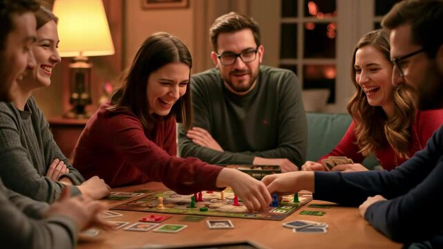 Group of friends enjoying a lively board game night at home, laughter and joy fill the cozy living room