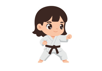 A cartoon girl in a karate uniform with a brown belt is in a fighting stance