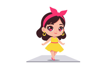 A cartoon girl with a bow yellow dress and gold earrings is standing on a gray platform