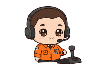 A cartoon man with headphones  joystick wearing an orange collared shirt