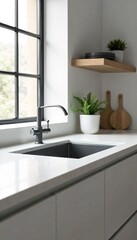 Fototapeta premium Sleek Modern Kitchen Sink Seamless Integration in Pristine White Countertop, Ample Workspace for Minimalist Design